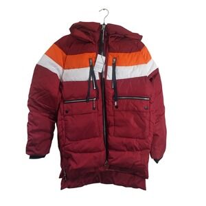 FADSHOW Colorblock Puffer Jacket Hooded Red Orange White Zip Front Women Size M